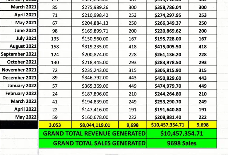 Monthly revenue spreadsheet across 14 months