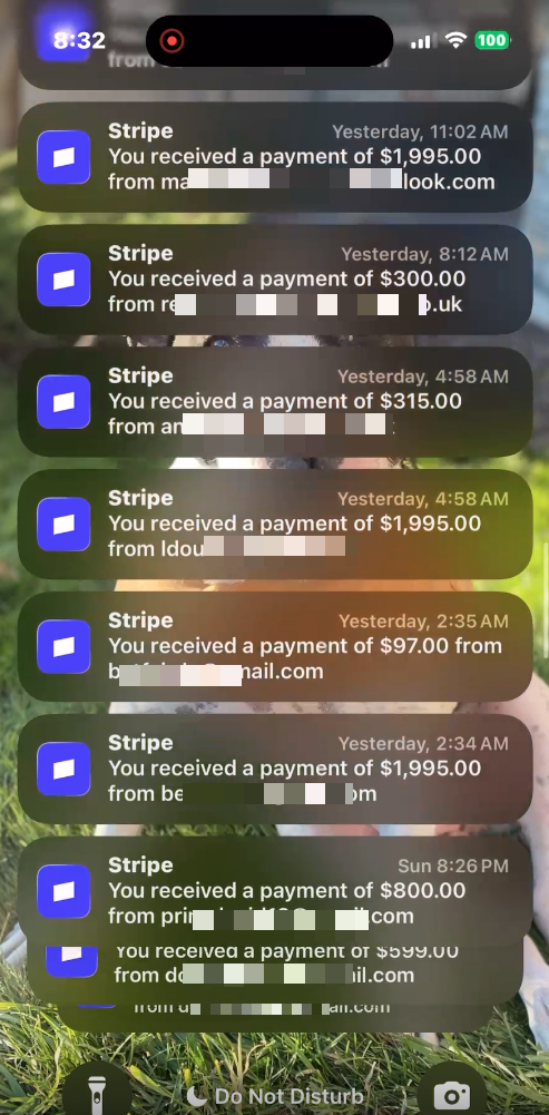 Stripe payment notifications: $97 to $1,995