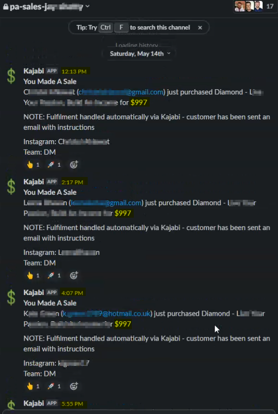 Slack sales channel with $997 Kajabi payments